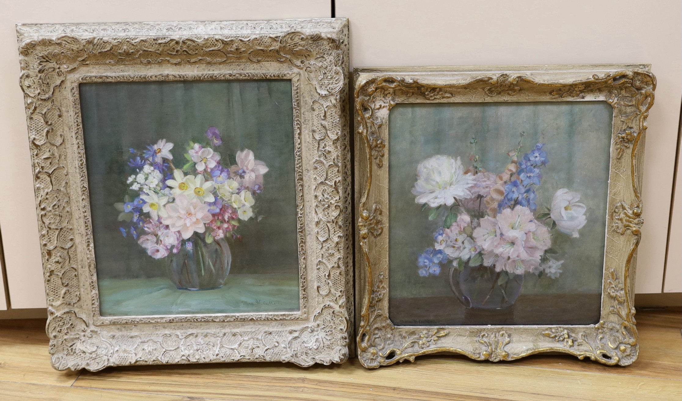 Nora Helen Cullen (20th C.), two oils on canvas, Still lifes of flowers in vases, signed, 35 x 30cm and 34 x 31cm